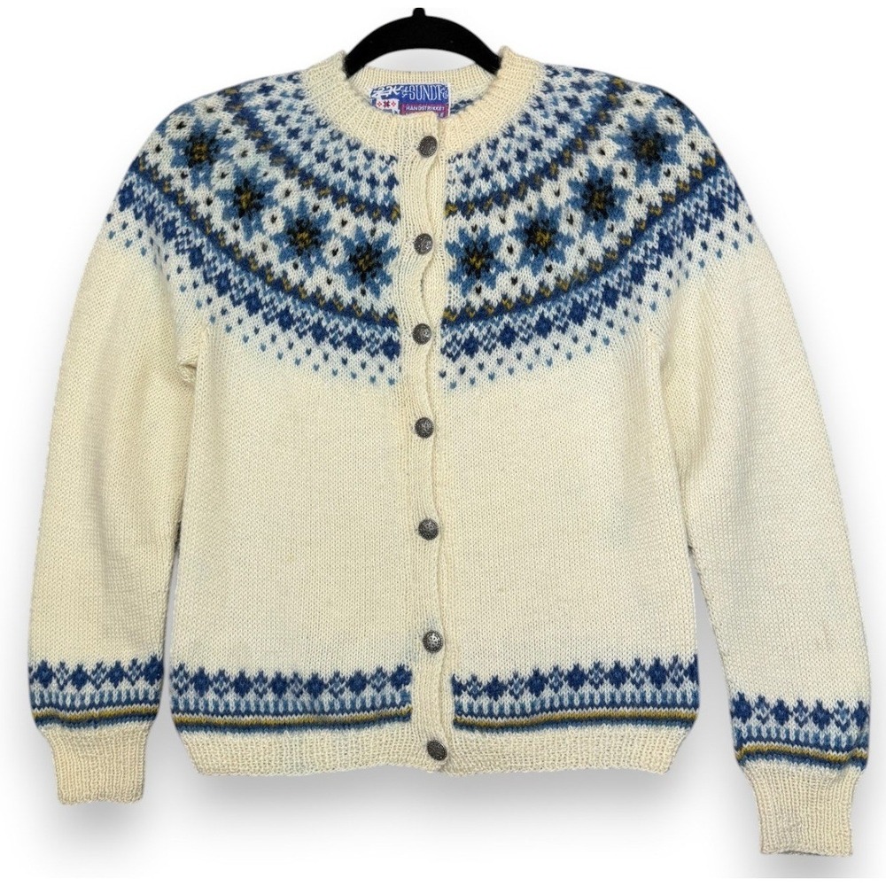 Vintage Sundt Bergen Norwegian Wool Cardigan Sweater XS Handknit Fair Isle‎ Knit